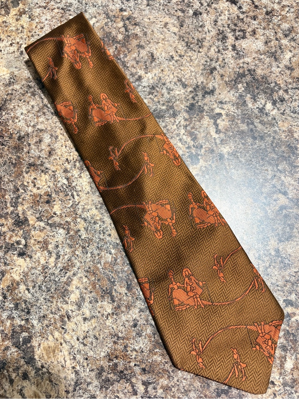 Brown Tie with Orange Equestrian Motif